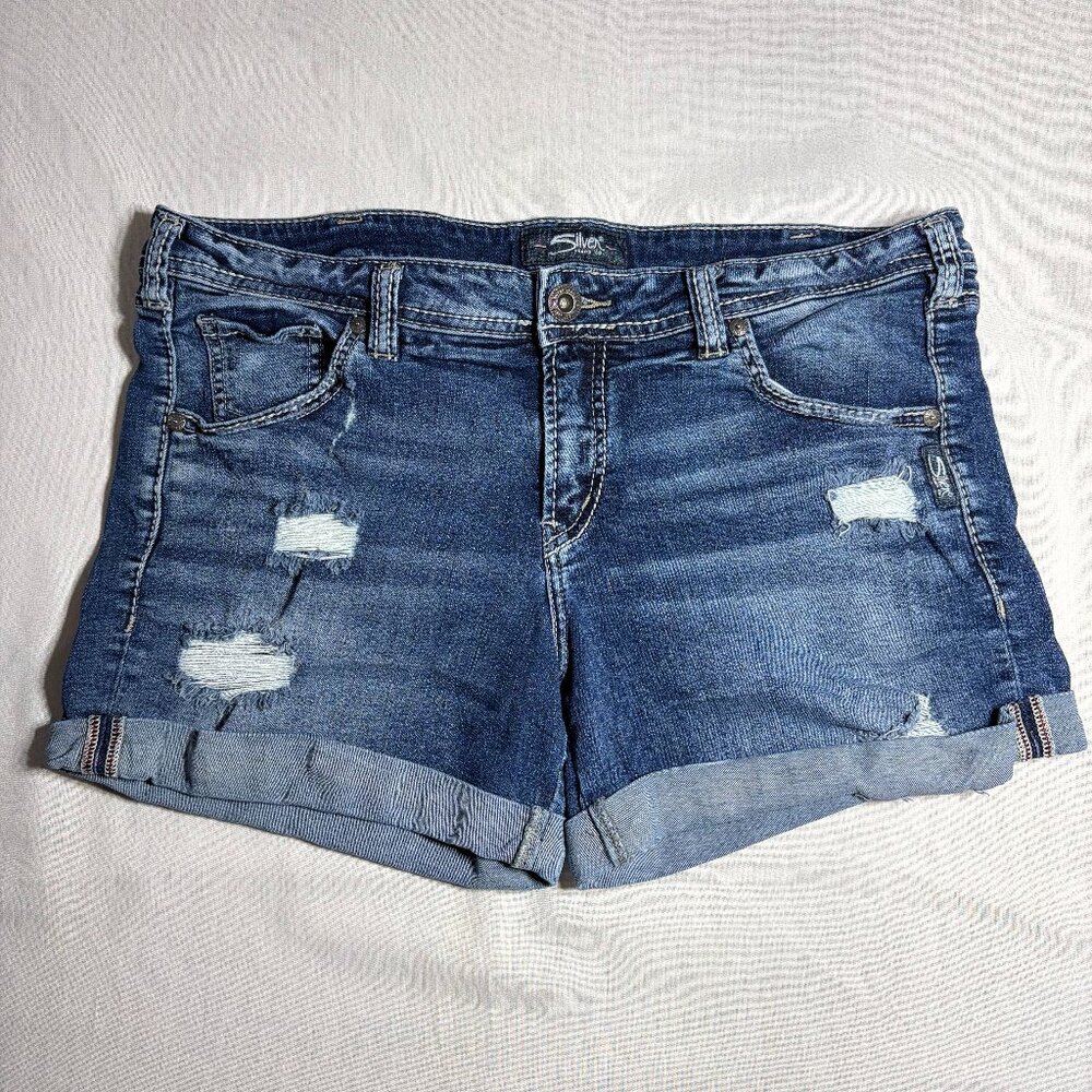 Women's Silver Jeans Blue Denim Sam Shorts W32/L4.5 Cuffed Rolled Distressed
